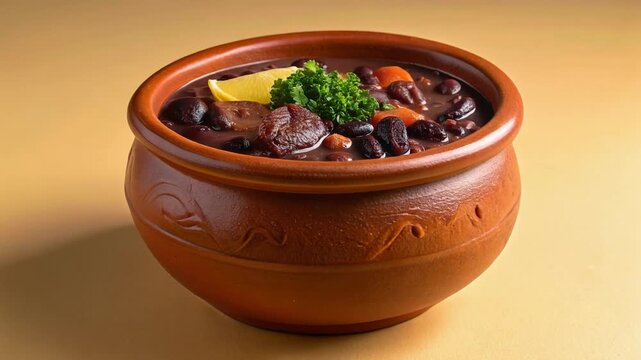Brazilian feijoada black bean stew in a rustic clay bowl with lemon garnish. Latin cuisine, traditional food, and hearty meal concept.