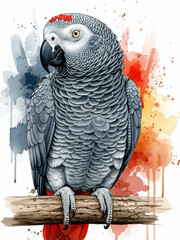 Vibrant Watercolor Illustration of an Elegant African Grey Parrot Perched on a Textured Branch