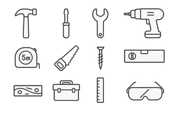 Obraz premium Home Workshop Icons. Home workshop. Line icon set of home workshop: hammer, screwdriver, wrench, drill, tape measure, saw, screw, level, plank, toolbox, ruler,