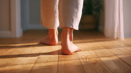 Woman walking barefoot across wooden floor in room with sunlight streaming through window.