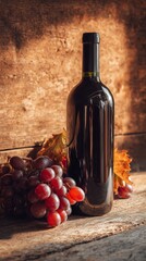 Fototapeta premium Red Wine Bottle Next to Fresh Grapes With Wooden Background and Warm Light