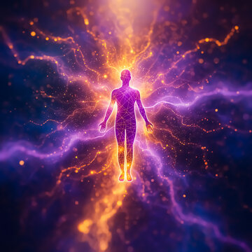 Yoga. Space. A human figure. Bright purple energy. Cosmic light rays. Symbolizing enlightenment, transformation, spiritual awakening. Sci-fi, spirituality, futuristic art, metaphysic, posters, covers
