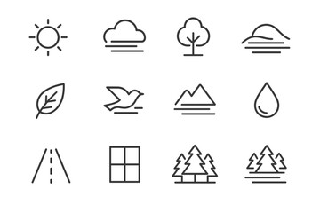 Fototapeta premium Morning Fog Icons. Morning fog. Line icon set of morning fog: sun, cloud, mist lines, tree, hill, leaf, bird, mountain, droplet, road, window, forest. All