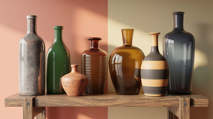 Still life of seven decorative bottles and vessels on wooden shelf, coral pink and beige background, varied textures, shapes, subtle shadows, elegant balanced composition.