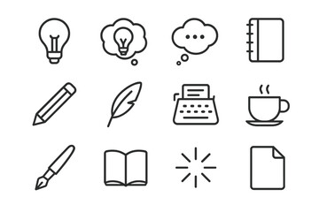 Brainstorming Icon Set. Brainstorming Prompts. Line icon set of Brainstorming Prompts: lightbulb, idea cloud, thought bubble, notebook, pencil,