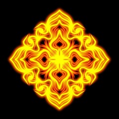 Flame mandala diamond pattern in yellow–orange on black background. Ideal for UV textiles, wallpaper, or cyber-inspired backgrounds.