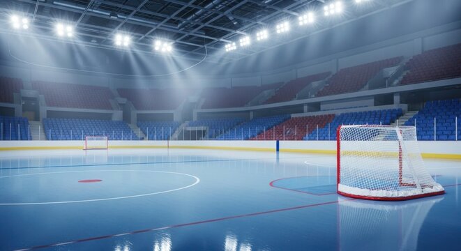 Empty ice hockey arena with bright lights and net