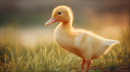 Fototapeta premium Small yellow fowl stands alertly among sunlit blades of grass