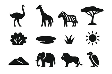 Obraz premium Savanna Icon Set. Savanna landscape. Solid icon set of Savanna landscape: ostrich, giraffe, zebra, tree, bush, waterhole, grass, sun, sand dune, elephant,