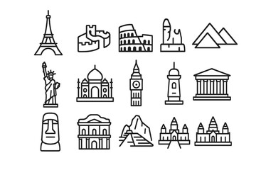 World Monuments Line Art. World monuments. Line icon set of world monuments: Eiffel Tower, Great Wall, Colosseum, Pyramids, Statue of Liberty, Taj Mahal, Big