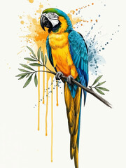 Dynamic Blue and Gold Macaw Watercolor Illustration – Exotic Bird Art with Vibrant Paint Splashes