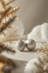 Minimalist Silver Christmas Baubles with Dried Flowers and Soft Lights