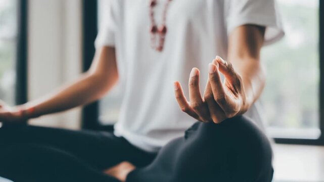 Person's hands in a peaceful meditative mudra position under natural light. Wellness, yoga, spirituality, and tranquil health concept.