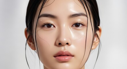 Closeup portrait of an east asian woman with dewy, glossy skin and wet hair strands framing her face