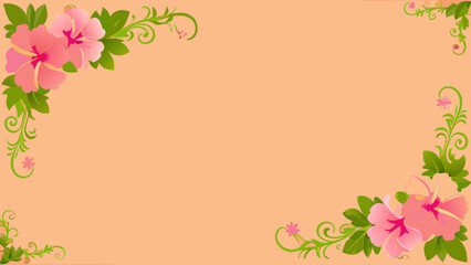 Pink hibiscus flowers and green swirls decorative border on peach background