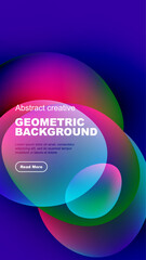 Vibrant abstract shapes overlap black background. Text promotes geometric design, includes call to action button. Modern, colorful composition.
