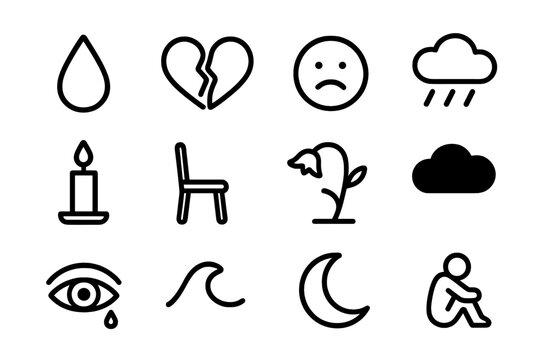 Sorrow Icon Set. Sorrow. Line icon set of sorrow: teardrop, broken heart, sad face, rain cloud, candle, empty chair, wilted flower, dark cloud, crying eye,