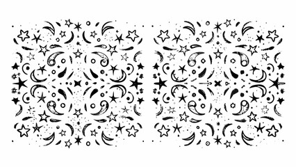 Whimsical hand drawn stars moons and swirls pattern black and white