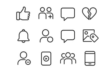 Social Media Icons. The impact of social media on friendships. Line icon set of the impact of social media on friendships: like button, friend request, message