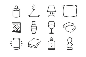 Mood Enhancer Icons. Mood Enhancers. Line icon set of Mood Enhancers: candle, incense, soft lamp, throw pillow, dark rug, decorative vase, wine