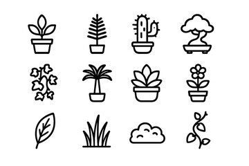 Indoor Plant Icons. Indoor plants. Line icon set of Indoor plants: potted plant, fern, cactus, bonsai, ivy, palm, succulent, flowering plant, moss, leaf,