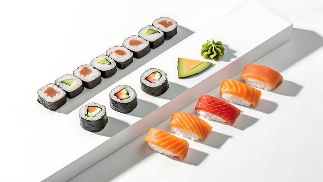 Delicious sushi rolls with salmon, tuna and avocado on white  