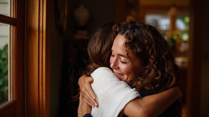 Fototapeta premium Woman hugging another person indoors.