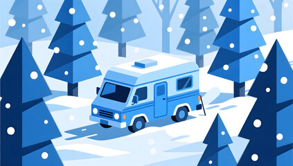 A blue camper traveling through an icy minimalist forest