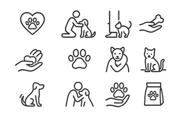 Kindness to Animals Icons. Kindness to animals. Line icon set of kindness to animals: heart with paw, person petting dog, cat rubbing leg, food handout, gentle