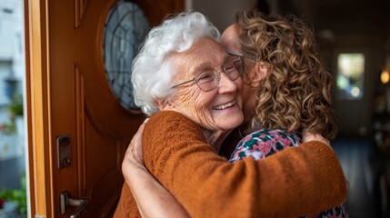 Older woman hugging another person at a door.