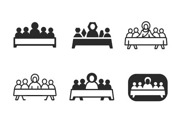 Diverse Iconic Designs. Last Supper. Icon set. Set Logo of Last Supper: long table with central figure. harmonious logo variations of the same emblematic
