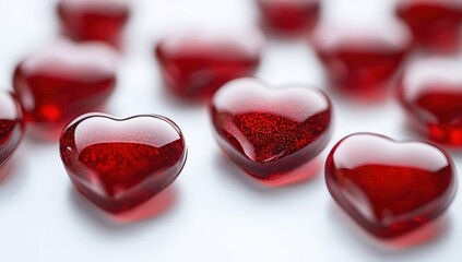 A Valentine's Day background featuring red hearts floating in the air, creating an enchanting and romantic atmosphere for love-themed designs. White background.