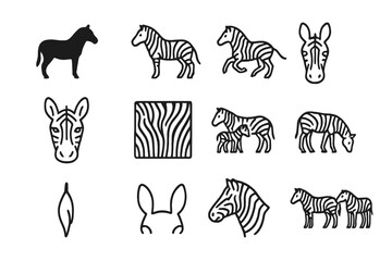 Obraz premium Zebra Silhouette Icon Set. Zebra Silhouette Set. Line icon set of Zebra Silhouette Set: zebra silhouette, standing zebra, running zebra, zebra head, zebra face