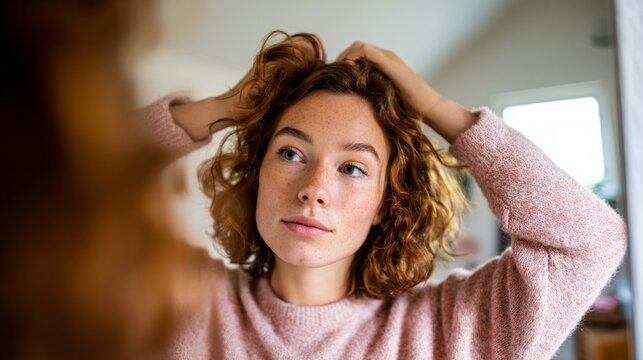 Woman with curly hair, freckles, blue eyes, makeup, and short red hair.