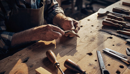 Craftsman meticulously carving wood. Focused, artisan skills, woodworking. Illustrates dedication, precision. Perfect for hobby, craft or skilled trades themes.