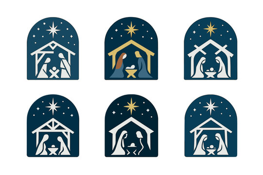 Nativity Icon Variations. Nativity scene. Icon set. Set Logo of nativity scene: Peaceful night sky over manger. harmonious logo variations of the