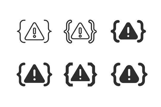 Error Log Icons. Error Log Analysis. Icon set. Set Logo of Error Log Analysis: alert symbol inside code brackets. harmonious logo variations of the same