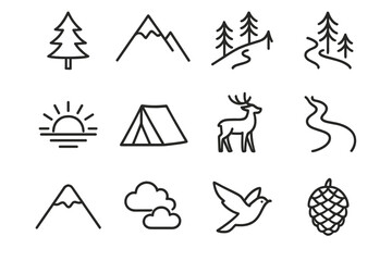 Fototapeta premium Mountain Pine Icons. Mountain pines. Line icon set of mountain pines: pine tree, mountain peak, forest slope, hiking path, sunrise, tent, deer, river line,