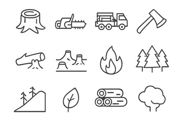Fototapeta premium Deforestation Icon Set. Deforestation. Line icon set of deforestation: tree stump, chainsaw, logging truck, axe, fallen tree, cleared land, fire, forest