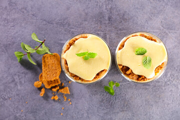 delicious italian tiramisu in a glass, top view