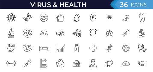 Virus and health issues line icon set. Vector pictograms of bacteria. disease. infection. symptoms. hygiene. protection. medicine and healthcare illustration.