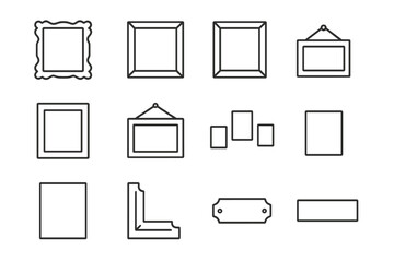 Art Frame Icon Set. Art frames. Line icon set of art frames: ornate border, modern frame, wood frame, thin metal frame, frame with mount, hanging wire, nail,