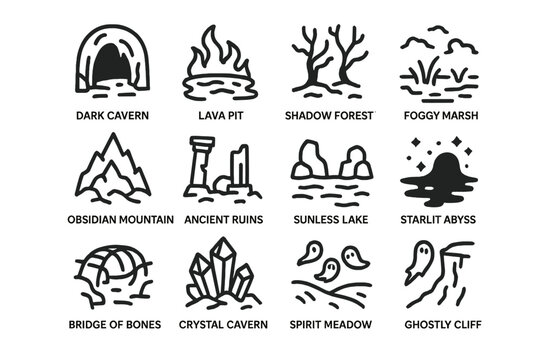 Underworld Icon Set. Underworld myths. Line icon set of underworld myths: Hades, Cerberus, River Styx, Charon, Persephone, Tartarus, Shades, Ghostly Torch,