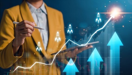 Businesswoman with tablet, rising growth chart, revenue trend graph, rocket startup icons, performance dashboard, financial data visualization, profit forecast, strategic business expansion display.