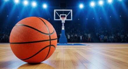 Close up of a basketball on a polished wooden court with stadium lights