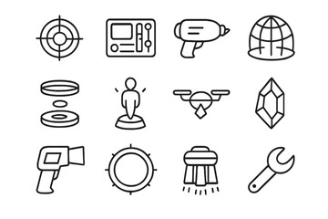 Alien Technology Icons. Alien technology. Line icon set of alien technology: energy core, control panel, laser beam, force field, teleport device, hologram,