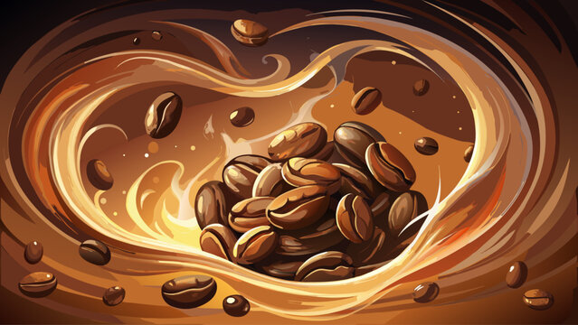 Aromatic coffee beans swirling above rich roasted grounds, enhanced with warm smoke trails and soft cinematic bokeh for premium café branding and product promotion - Powered by Adobe
