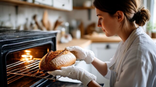 Woman baker preparing bread in oven.