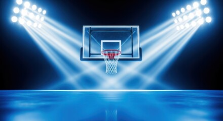 Illuminated basketball hoop under bright stadium lights