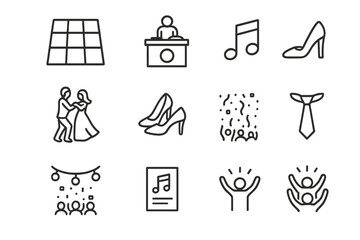Fototapeta premium Wedding Dance Icons. Reception dance floor. Line icon set of reception dance floor: light-up tiles, DJ booth, music note symbol, dancing couple, bride?s shoes,